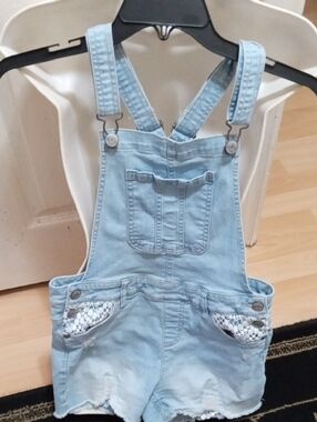 Justice Light Blue Denim Shorts Overalls with Tan Stitching